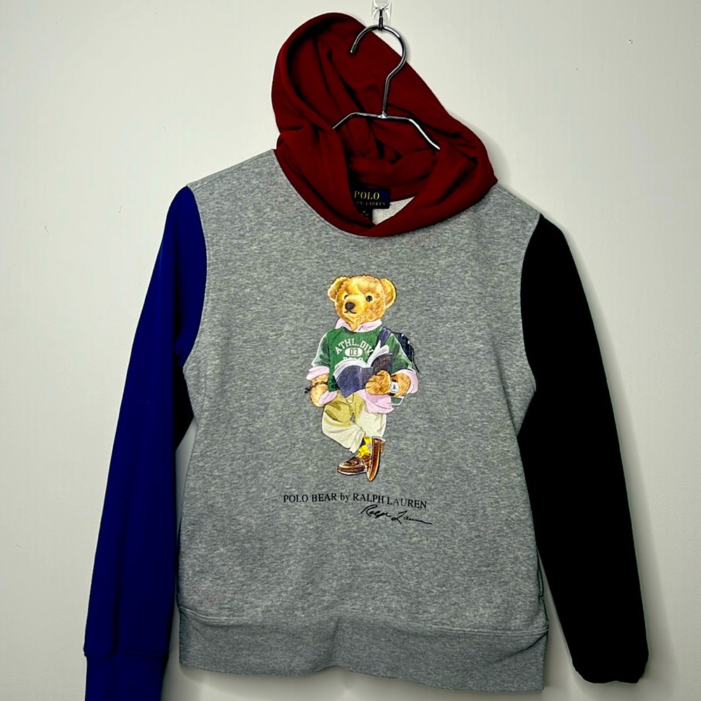 Sweatshirt hoodie gray blue, green, and burgundy